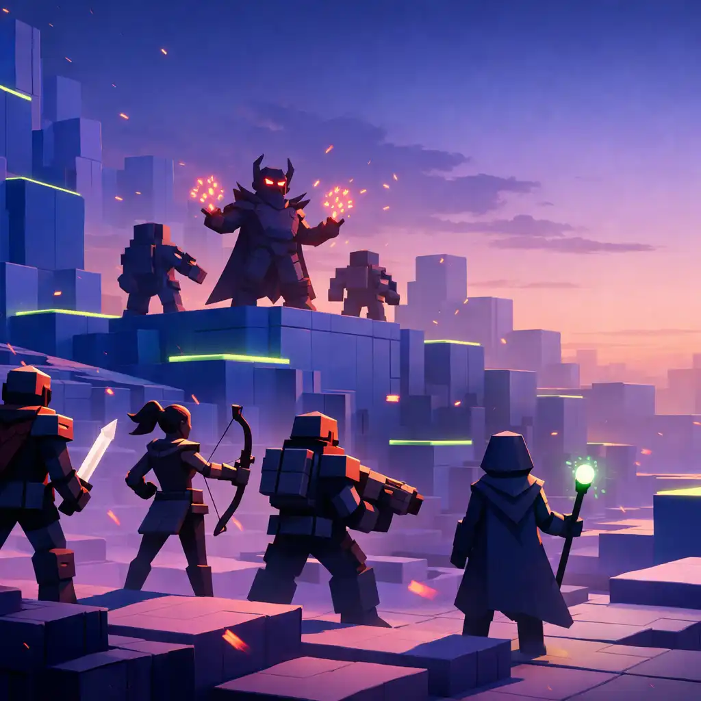 Angular figures in a colourful block-world landscape with cobalt towers, lavender terrain and lime-lit edges.